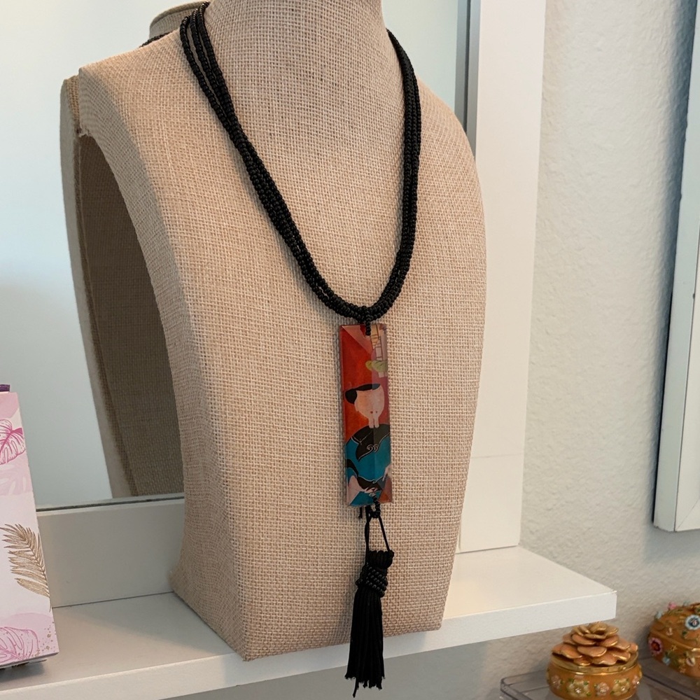 Chico's Vintage Black Beaded Necklace with Multicolor Glass Pendant
